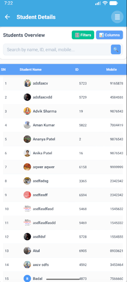 student list screenshot